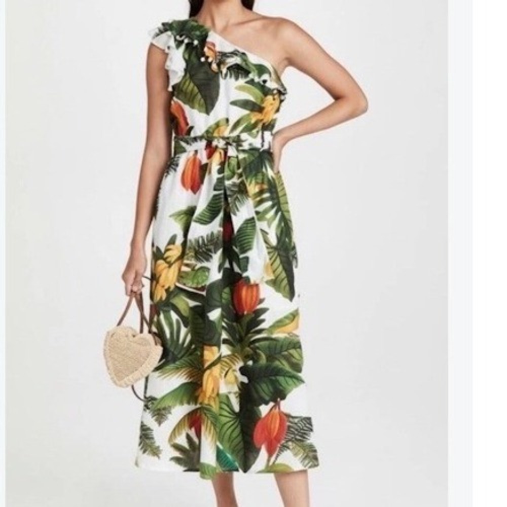 FARM Rio White Cocoa Forest One Shoulder Tropical Midi Dress Small Cotton